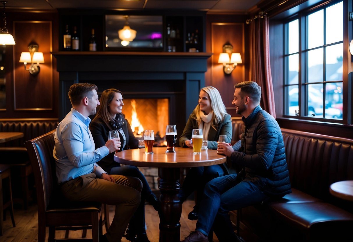 A cozy pub in Nova Scotia with dim lighting, wooden furnishings, and a warm fireplace. Couples enjoy drinks and conversation in a relaxed atmosphere