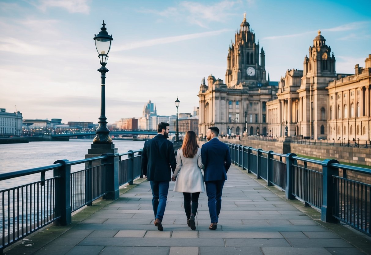 A couple strolling along the scenic waterfront of Liverpool, passing by historic buildings and enjoying the view of the river