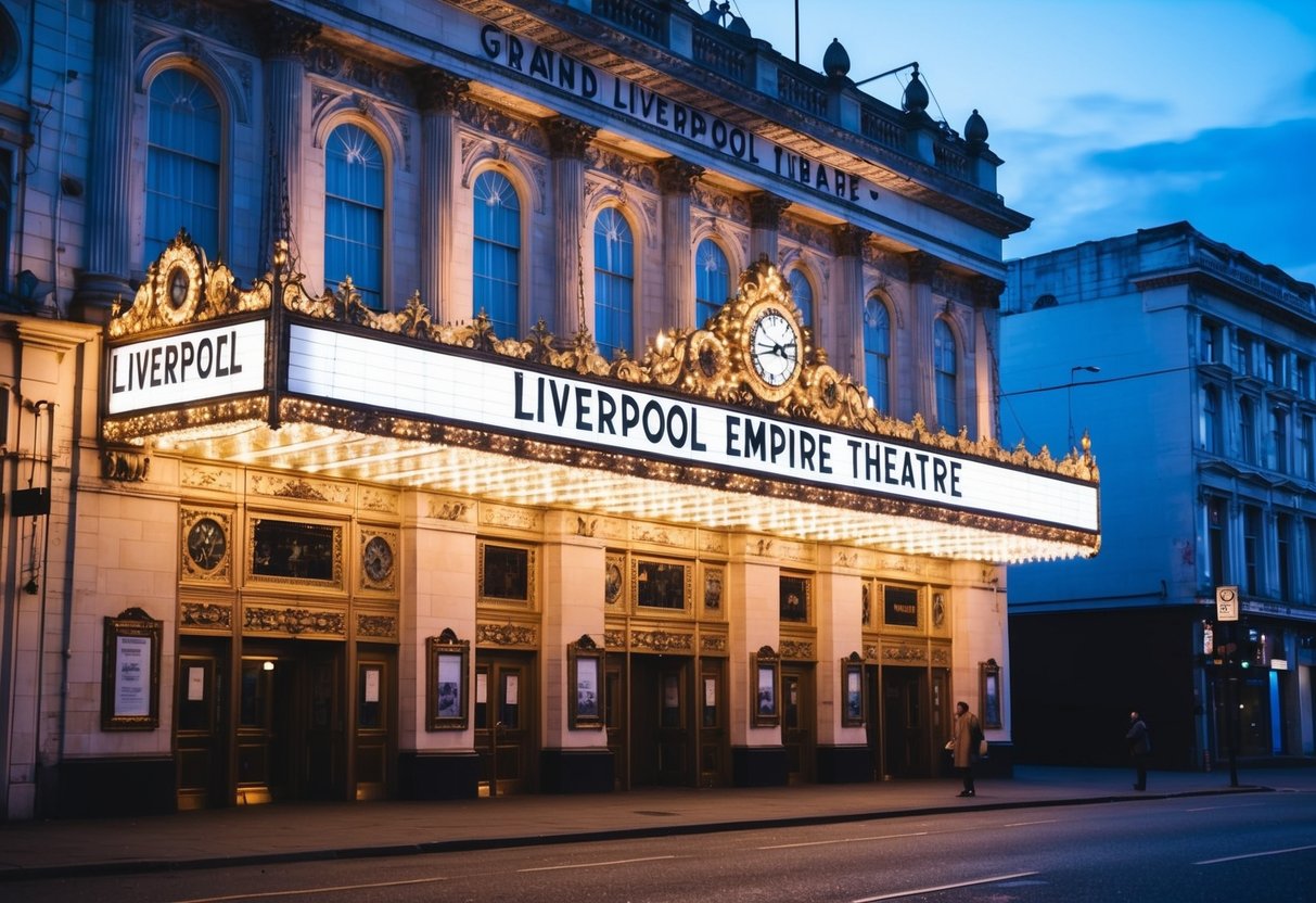 The grand Liverpool Empire Theatre, with its ornate facade and glowing marquee, beckons passersby to catch a show