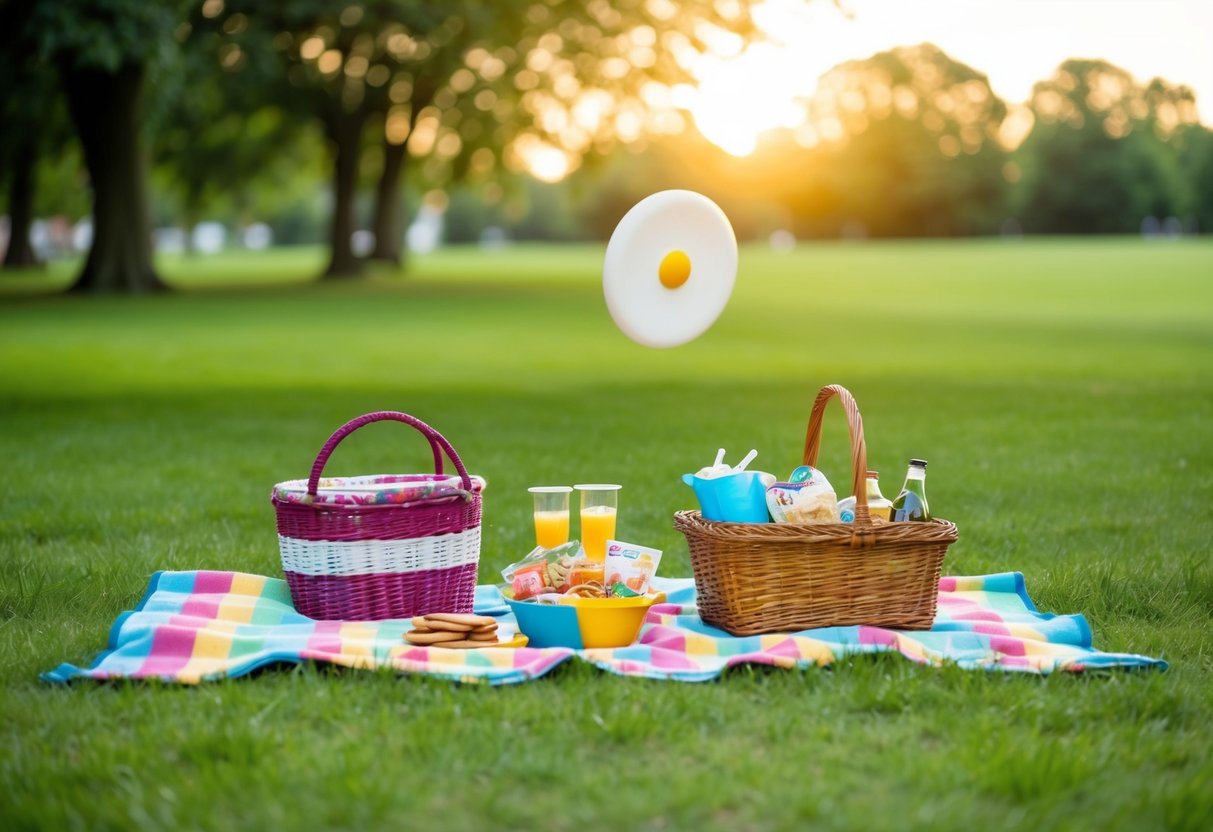 A picnic in a grassy park with a colorful blanket, a basket of snacks, and a frisbee flying through the air