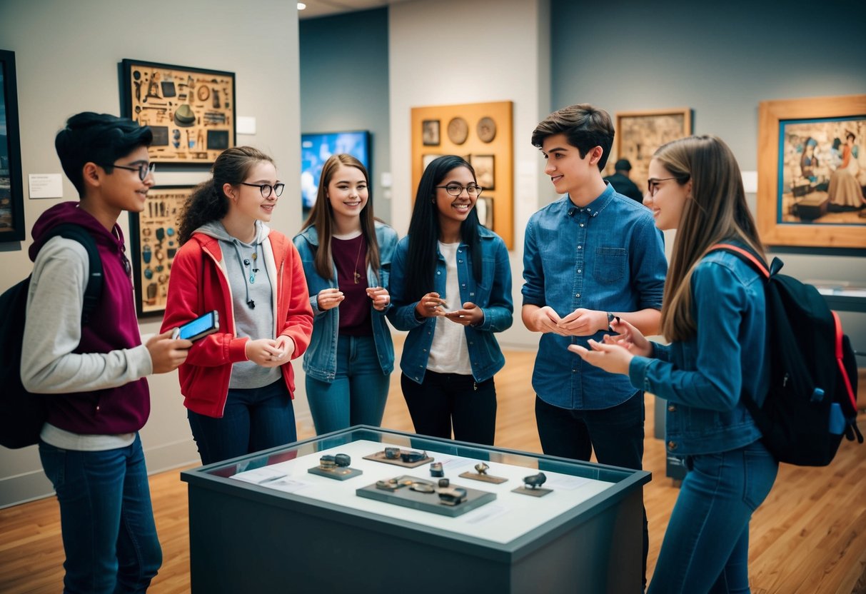 A group of teenagers explore a diverse collection of artifacts and artwork in a local museum, engaging in lively discussions and admiring the displays