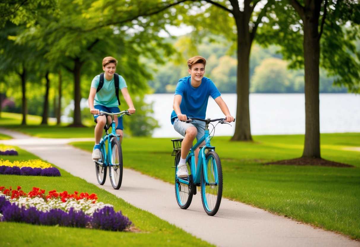 Two teenagers biking through a lush green park, passing by a serene lake and colorful flower beds