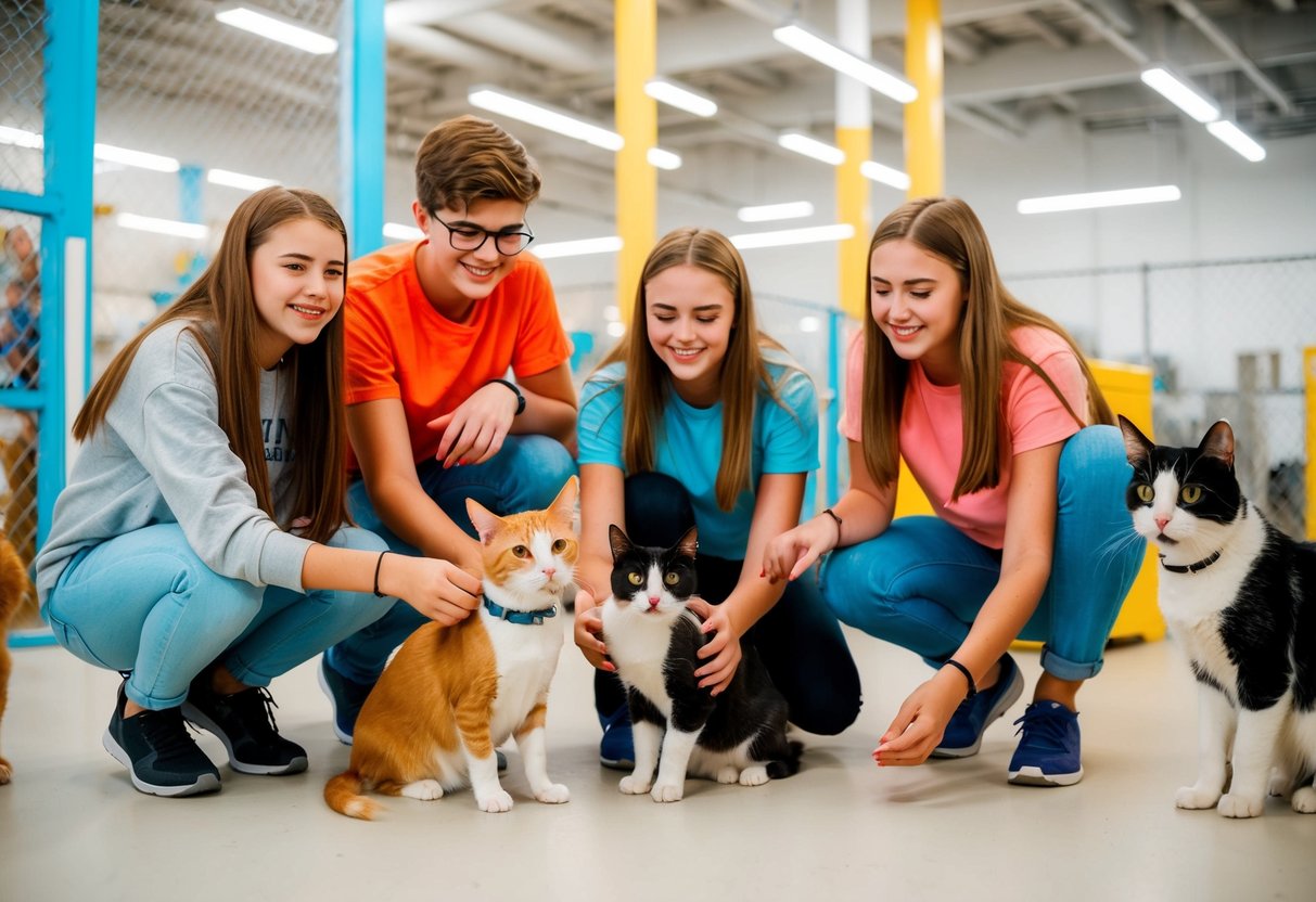 Teenagers playing with dogs and cats in an animal shelter. Bright, colorful environment with happy animals and smiling faces