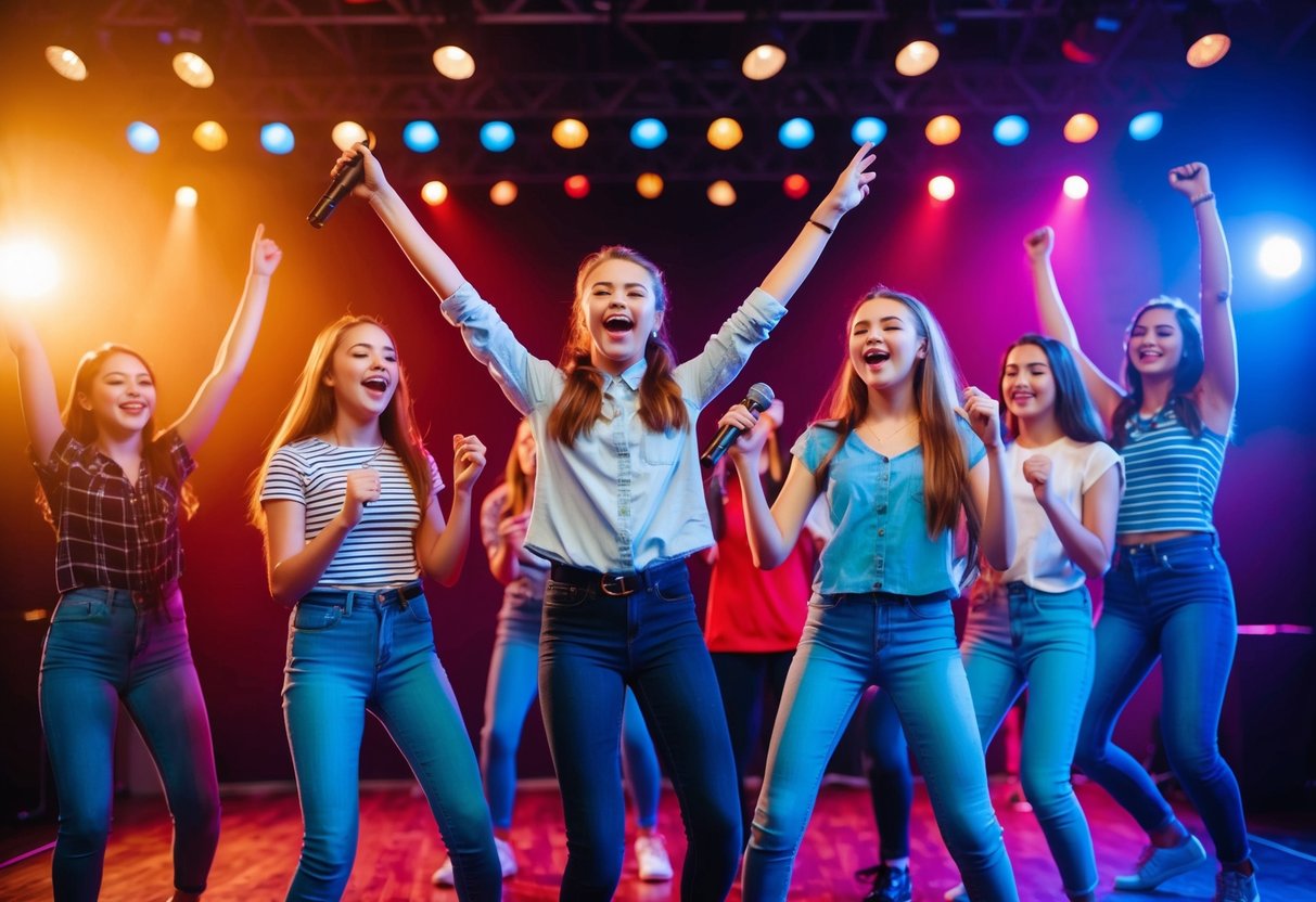 A group of teens singing and dancing on stage at a karaoke night, surrounded by colorful lights and cheering friends