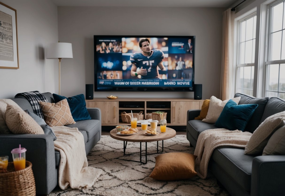 A cozy living room with blankets, pillows, and a big screen showing a movie marathon. Snacks and drinks are scattered around