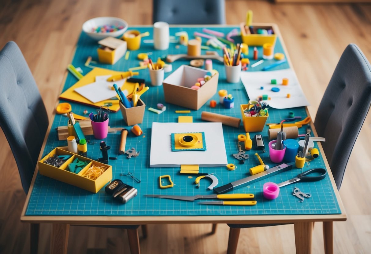 A table scattered with colorful craft supplies and tools, surrounded by two chairs. A finished project sits in the center, with a cozy atmosphere