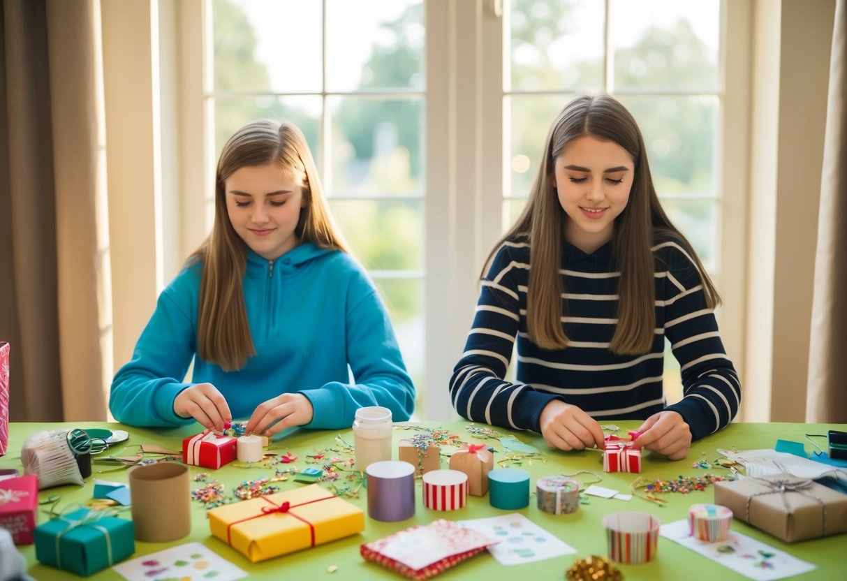 Two teenagers sit at a table covered in craft supplies, working on handmade gifts. Sunlight streams through the window, casting a warm glow over the scene