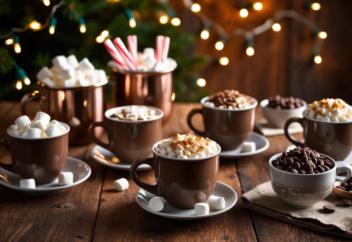 A cozy, festive hot chocolate bar with mugs, marshmallows, and various toppings displayed on a rustic table. Twinkling lights and a warm, inviting atmosphere