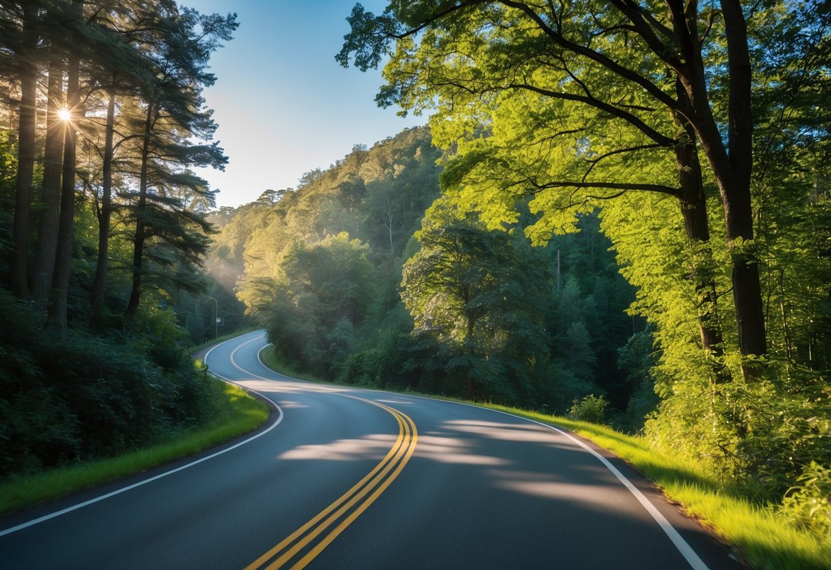A winding road through a lush forest, with sunlight filtering through the trees and a clear blue sky overhead