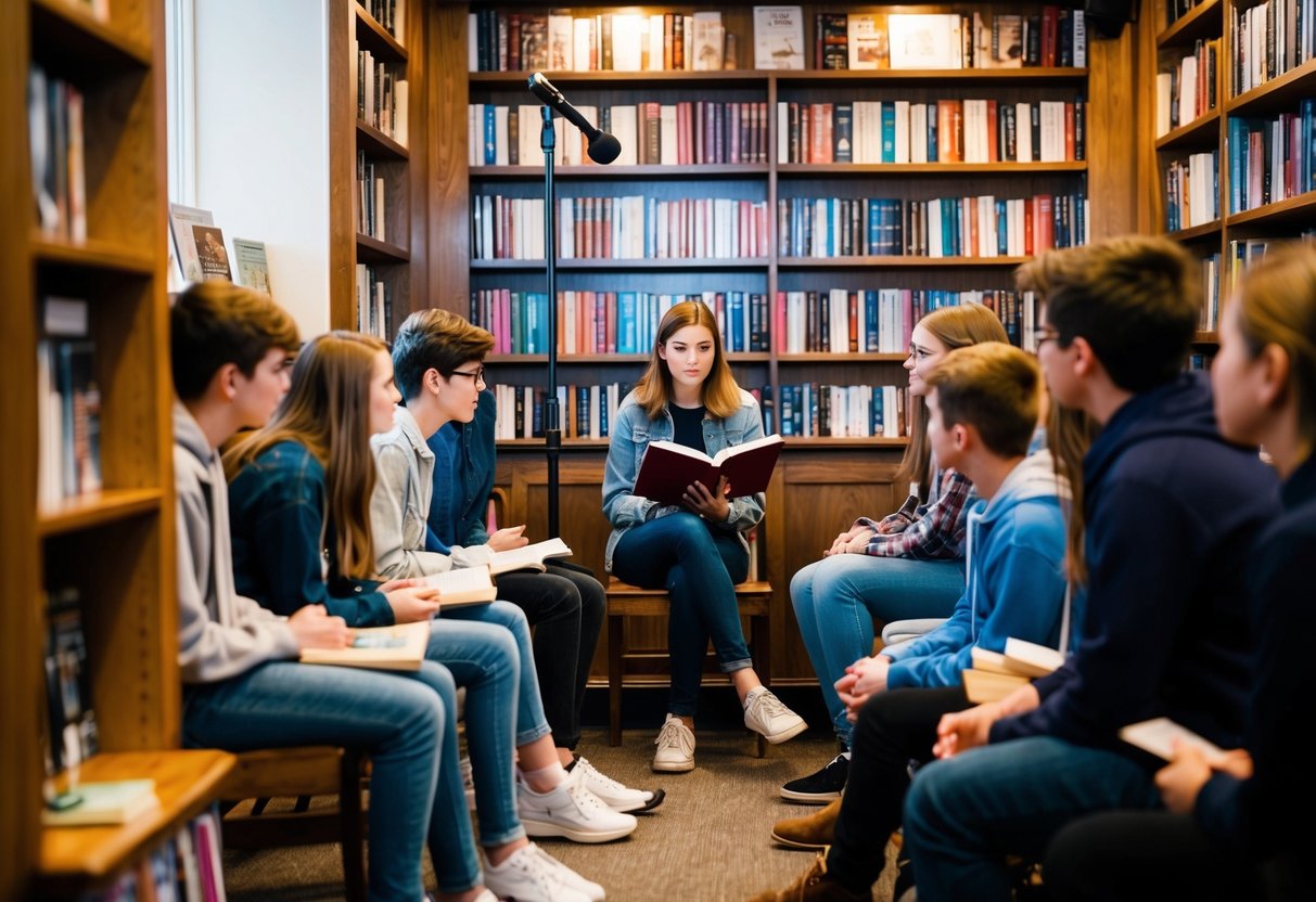 A cozy bookstore with a stage and microphone, surrounded by shelves of books. Teenagers sit in chairs, listening intently to an author reading from their latest novel