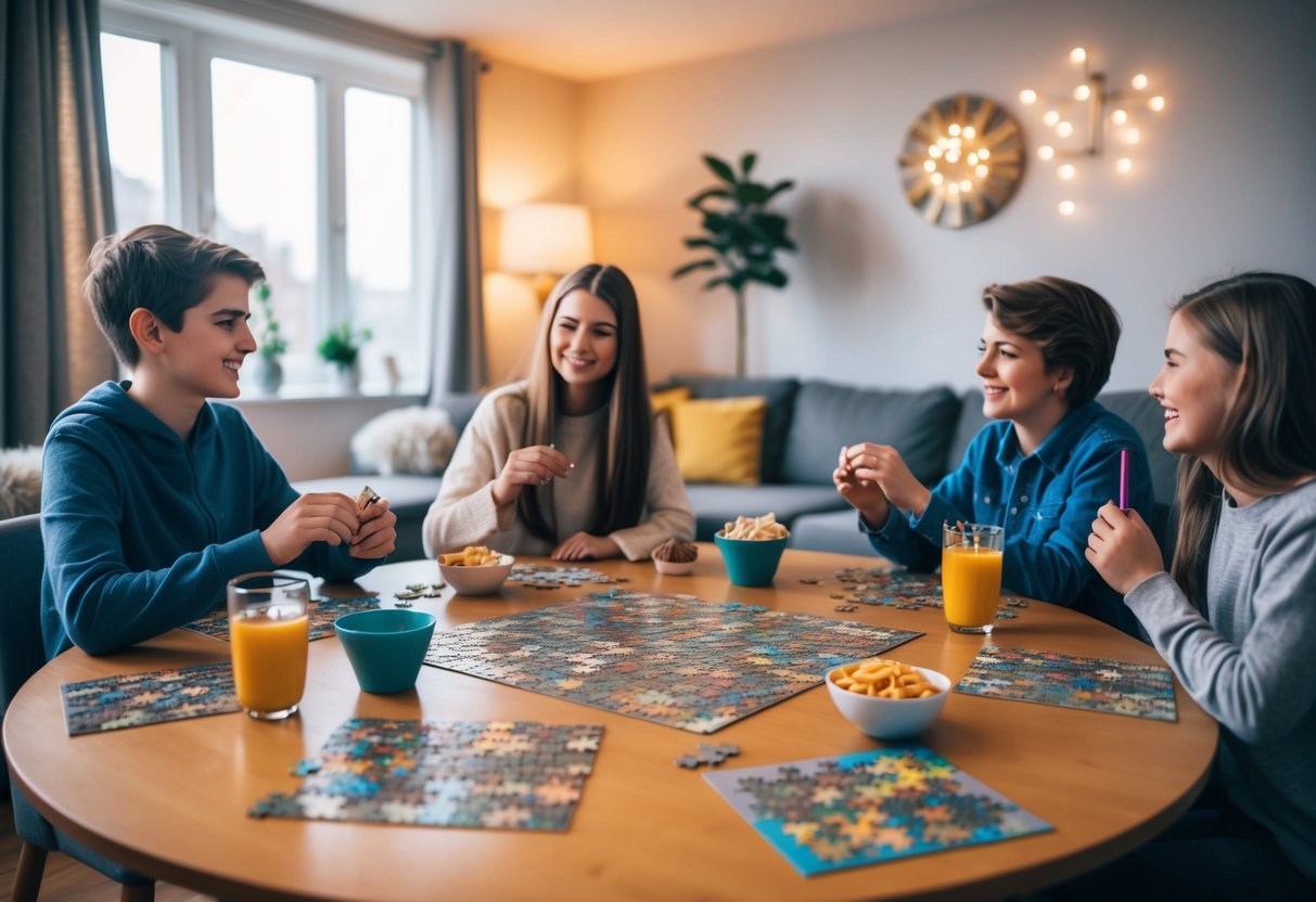 A cozy living room with a table set for puzzle night, with a variety of puzzles, snacks, and drinks ready for a fun and relaxing date for teenagers