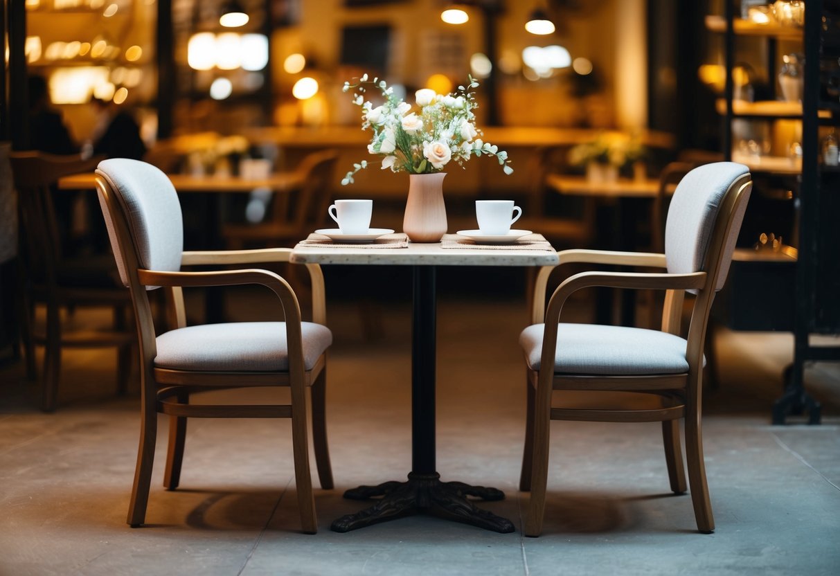A cozy cafe with two chairs facing each other, a table set with a vase of flowers, and soft lighting creating a warm, intimate atmosphere