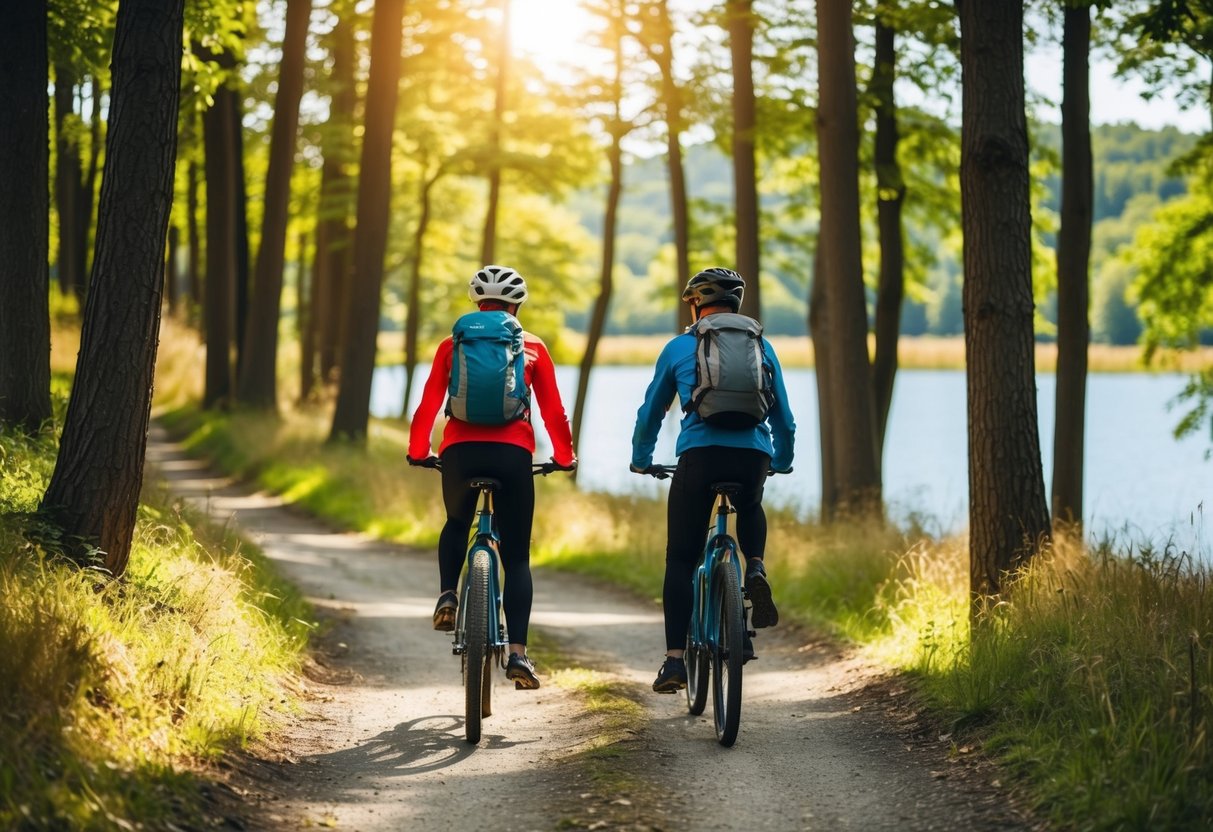 A couple bikes through a sun-dappled forest, with a winding trail and a serene lake in the background