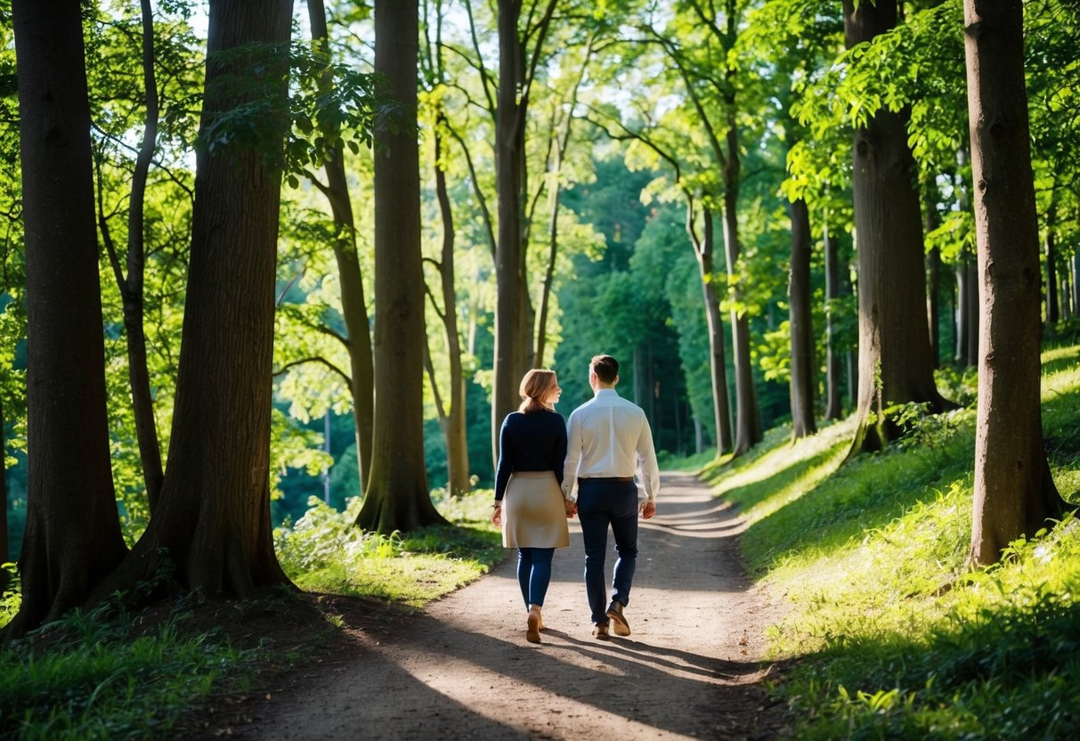 A couple walks through a lush forest, surrounded by towering trees and a winding trail leading into the distance. The sunlight filters through the leaves, casting dappled shadows on the ground