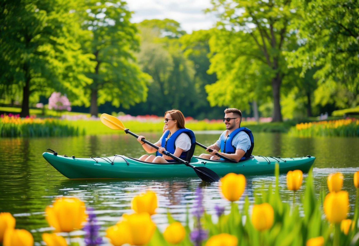 A couple kayaking on a serene lake surrounded by lush green trees and colorful flowers in a peaceful park setting