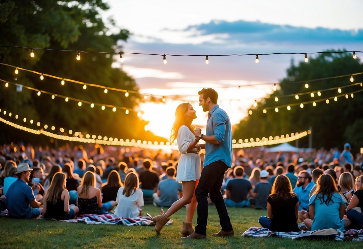 An outdoor concert at sunset with string lights, blankets, and a couple dancing among the crowd
