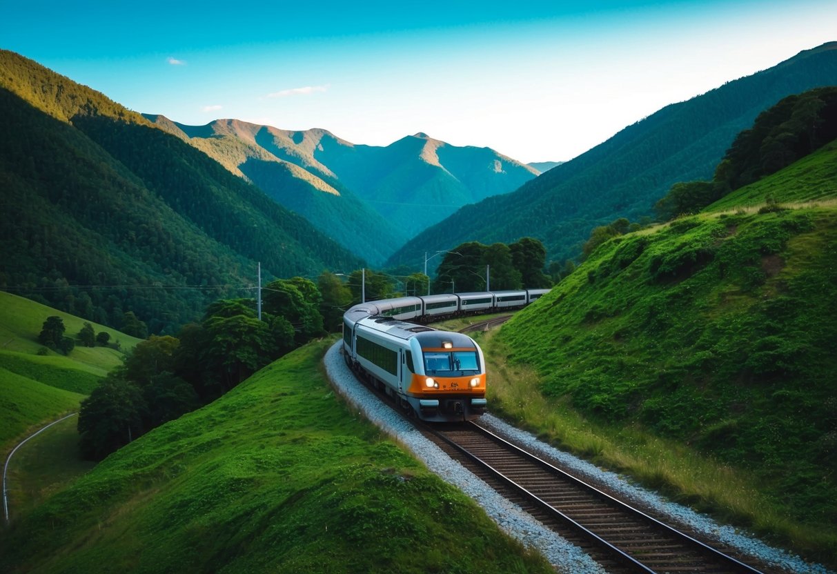 A train winding through lush, green mountains with a clear blue sky overhead