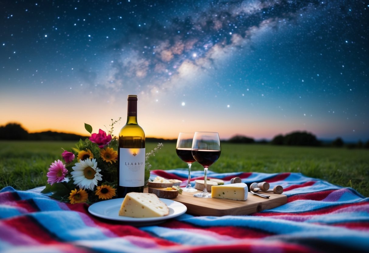 A picnic blanket spread with wine, cheese, and flowers under a starry night sky