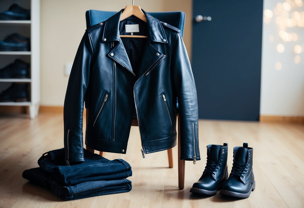 A leather jacket draped over a chair, with black jeans neatly folded beside it. A pair of boots sit on the floor nearby