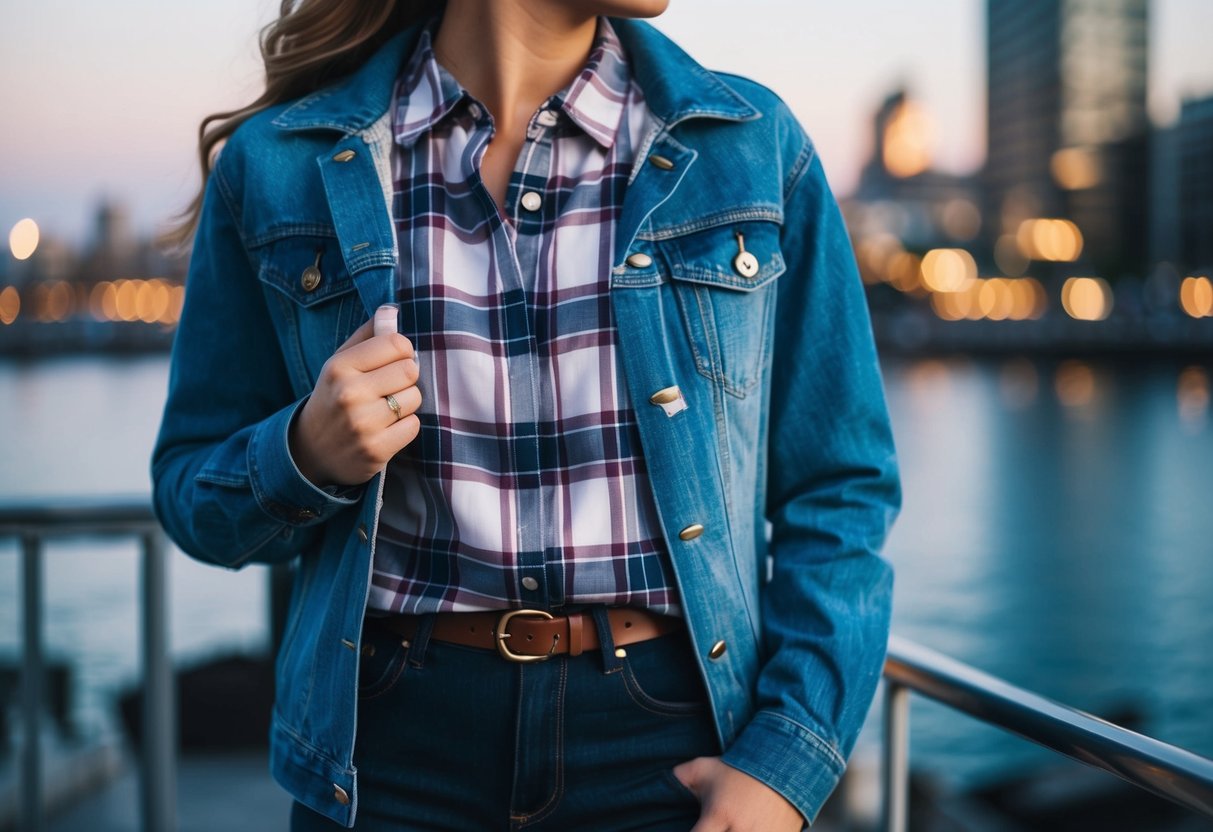A plaid shirt is paired with a denim jacket, creating a casual and stylish look for a date