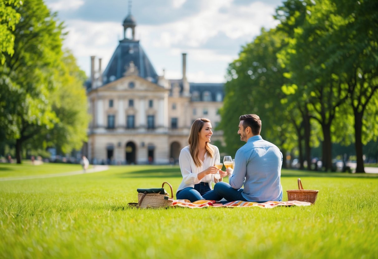A couple picnicking in a lush green park with a view of a historic building in the background