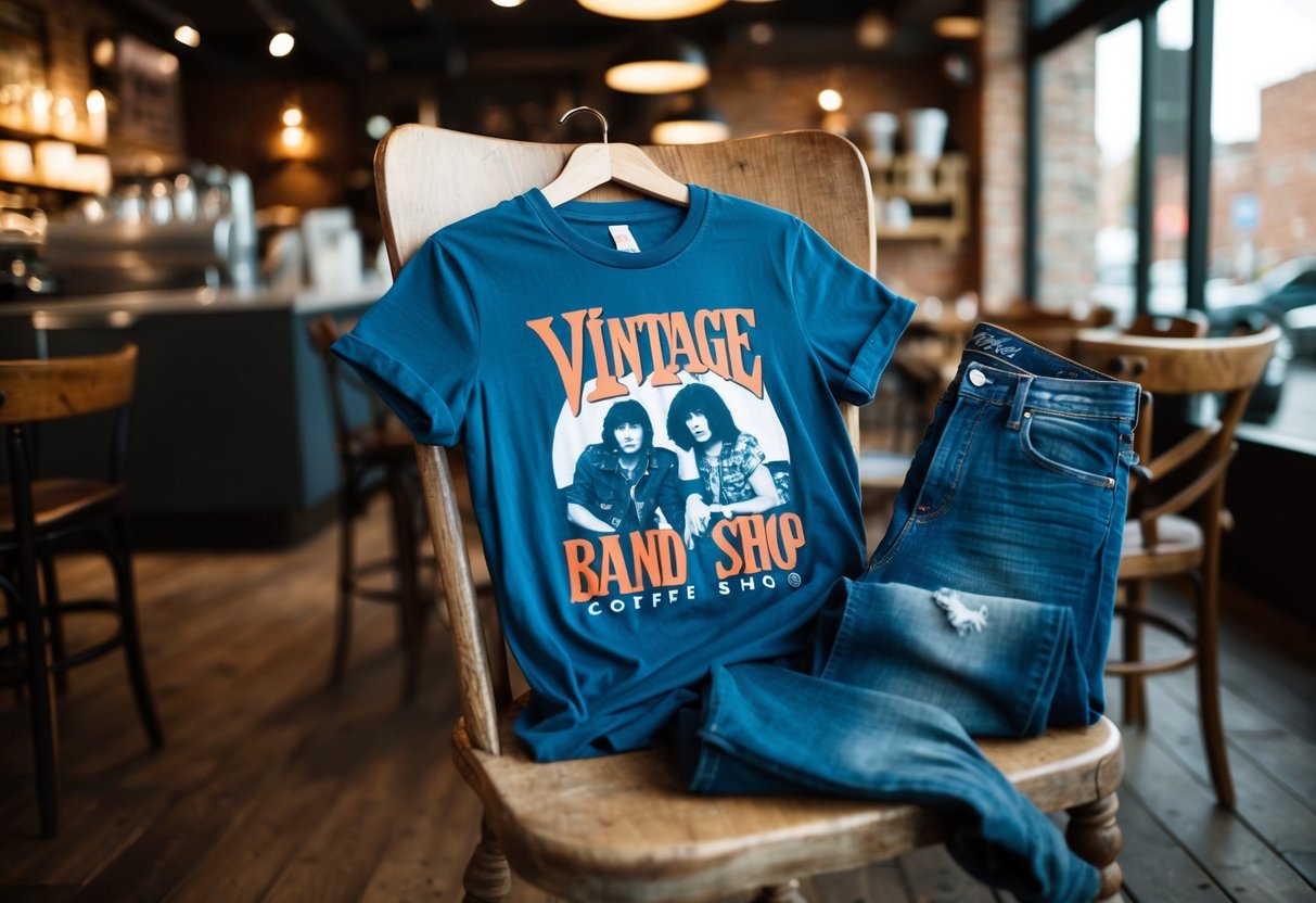 A vintage band tee paired with skinny jeans, laid out on a rustic wooden chair in a cozy coffee shop