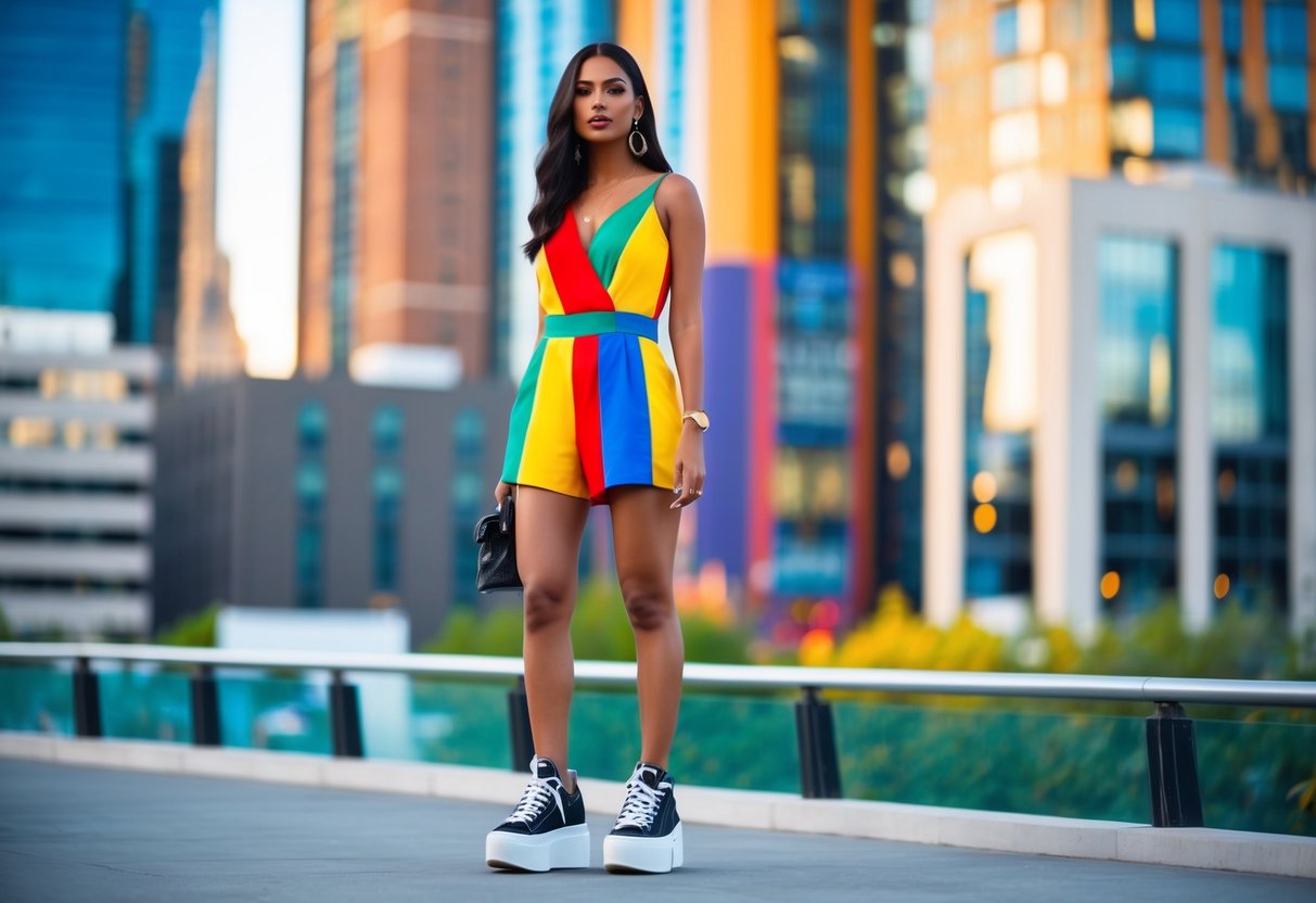 A colorful romper paired with platform sneakers, set against a vibrant city backdrop, with a mix of urban and natural elements