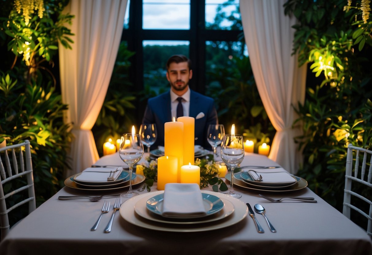 A dimly lit table set with elegant dinnerware and candles, surrounded by lush greenery and soft lighting, creates a romantic atmosphere at The Man Behind The Curtain