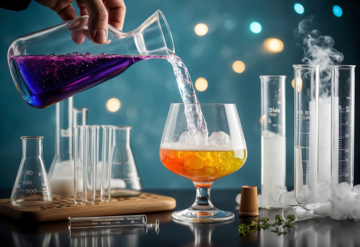 A bubbling, colorful cocktail is being poured from a glass flask into a crystal glass, surrounded by beakers, test tubes, and smoking dry ice