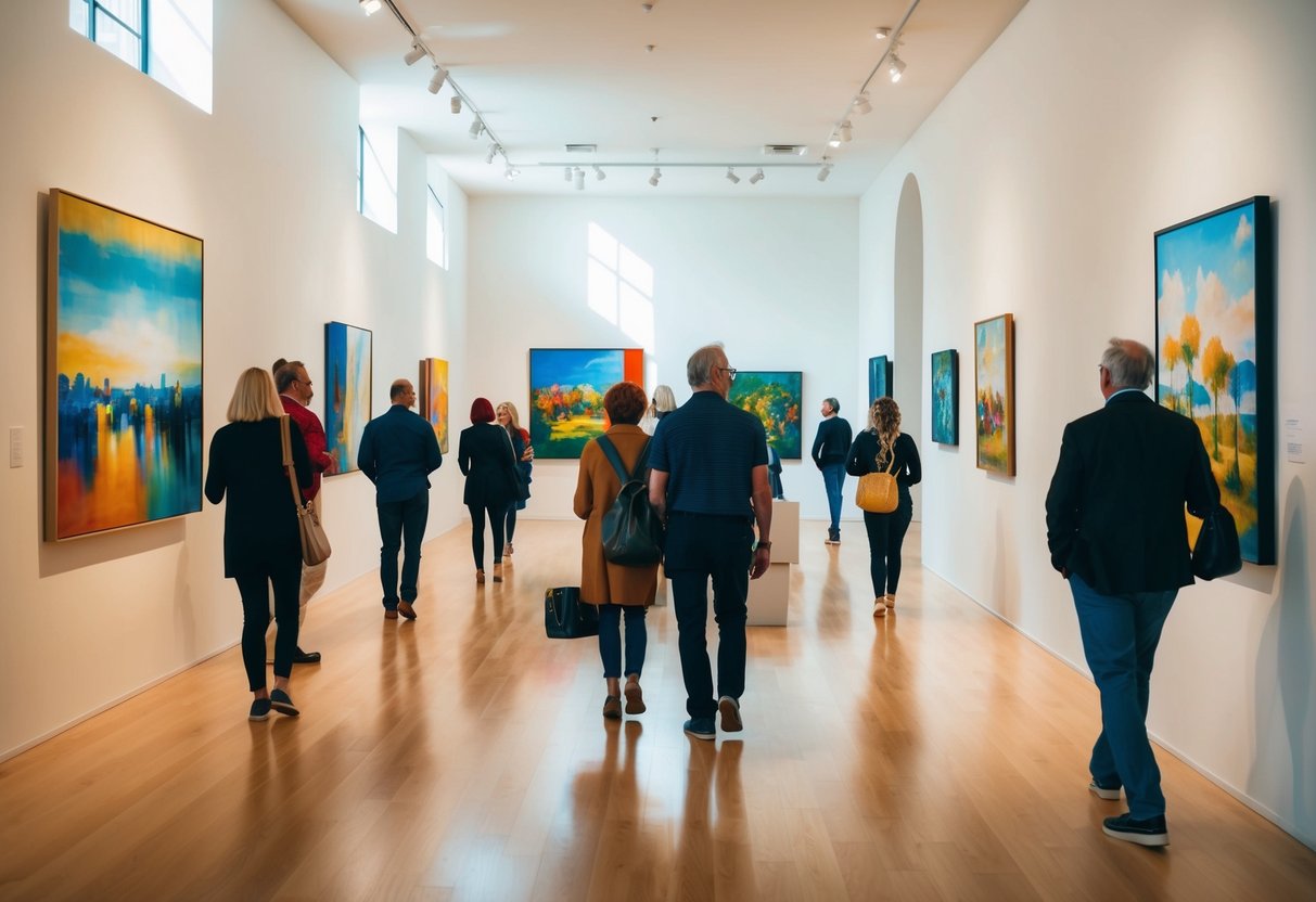 Sunlit gallery with colorful paintings and sculptures, visitors wandering and admiring the art