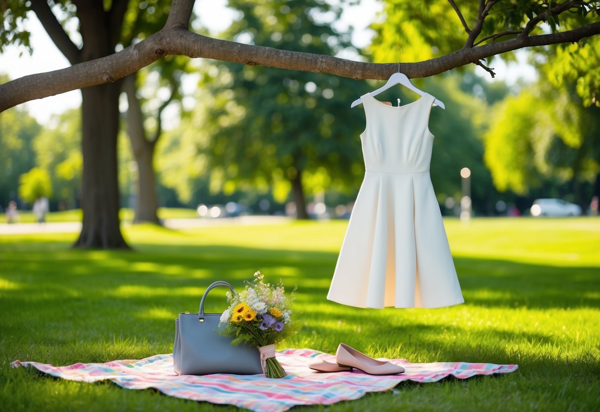 A sunny park with a picnic blanket, a bouquet of wildflowers, and a pair of flats placed next to a stylish fit-and-flare dress hanging from a tree branch