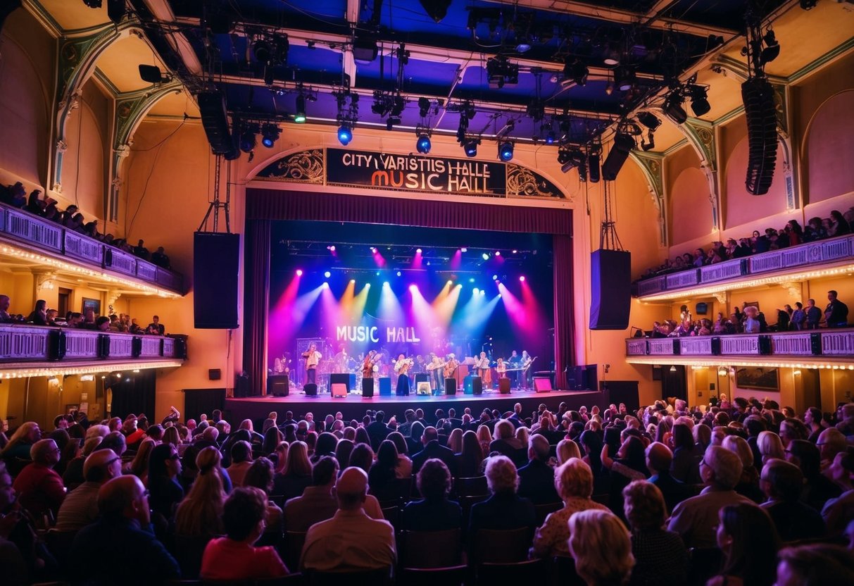 The historic City Varieties Music Hall buzzes with live entertainment, the stage bathed in colorful lights as the audience enjoys a lively show