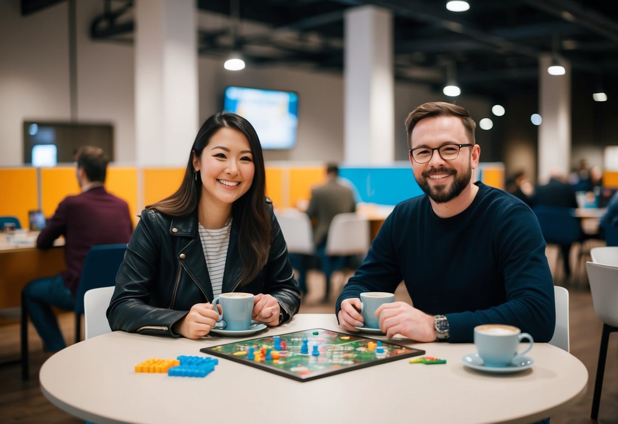 Two people sit at a table with coffee and board games at Geek Retreat in Leeds