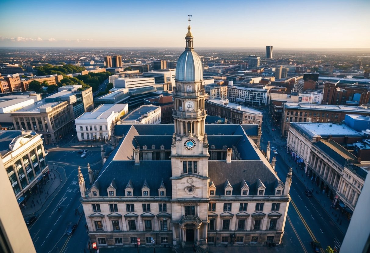 A scenic view from the top of Town Hall, overlooking the city of Leeds with its historic architecture and bustling streets below