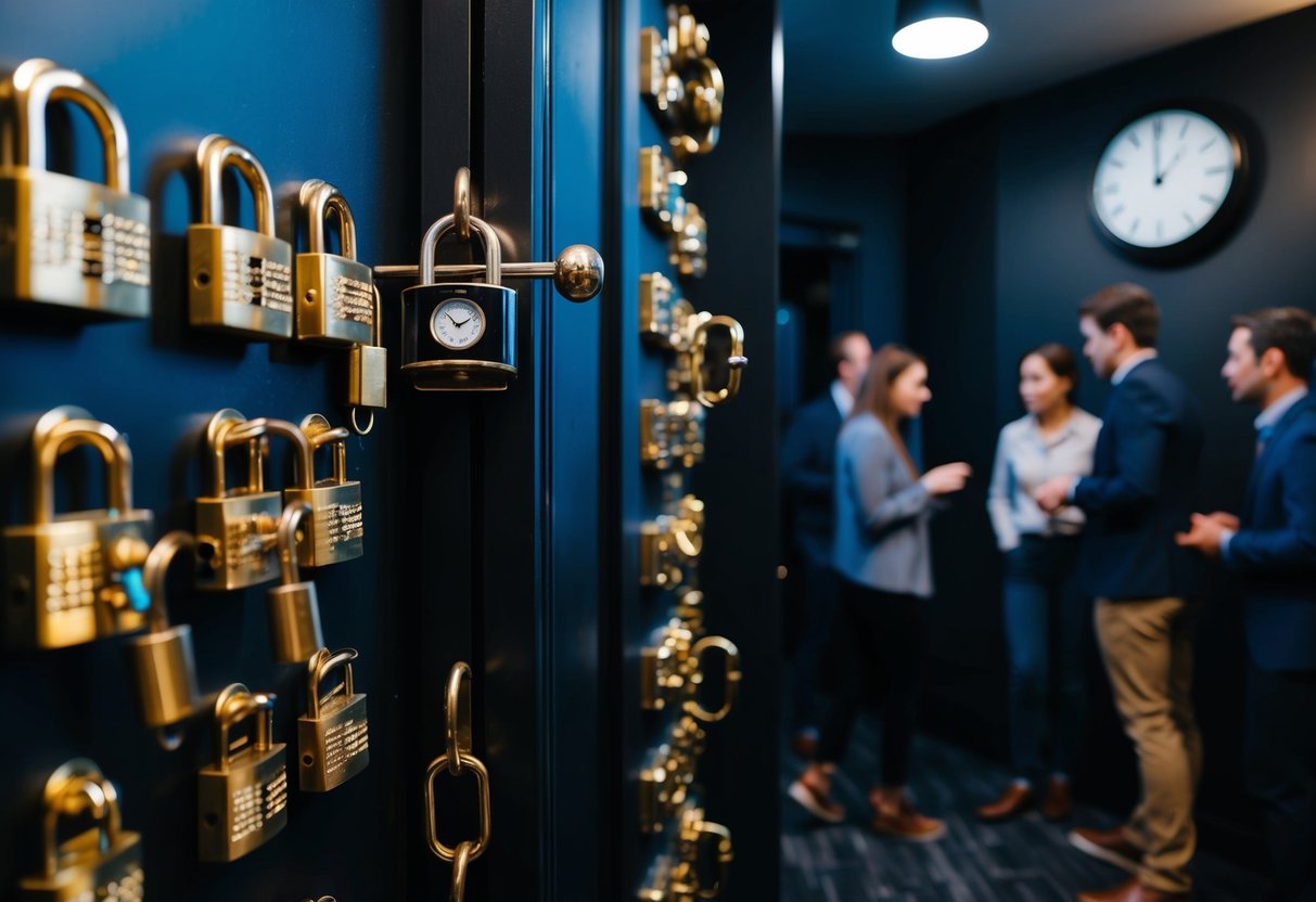 A dimly lit room with intricate locks and puzzles, a ticking clock on the wall, and a sense of urgency as participants work together to solve the clues and escape