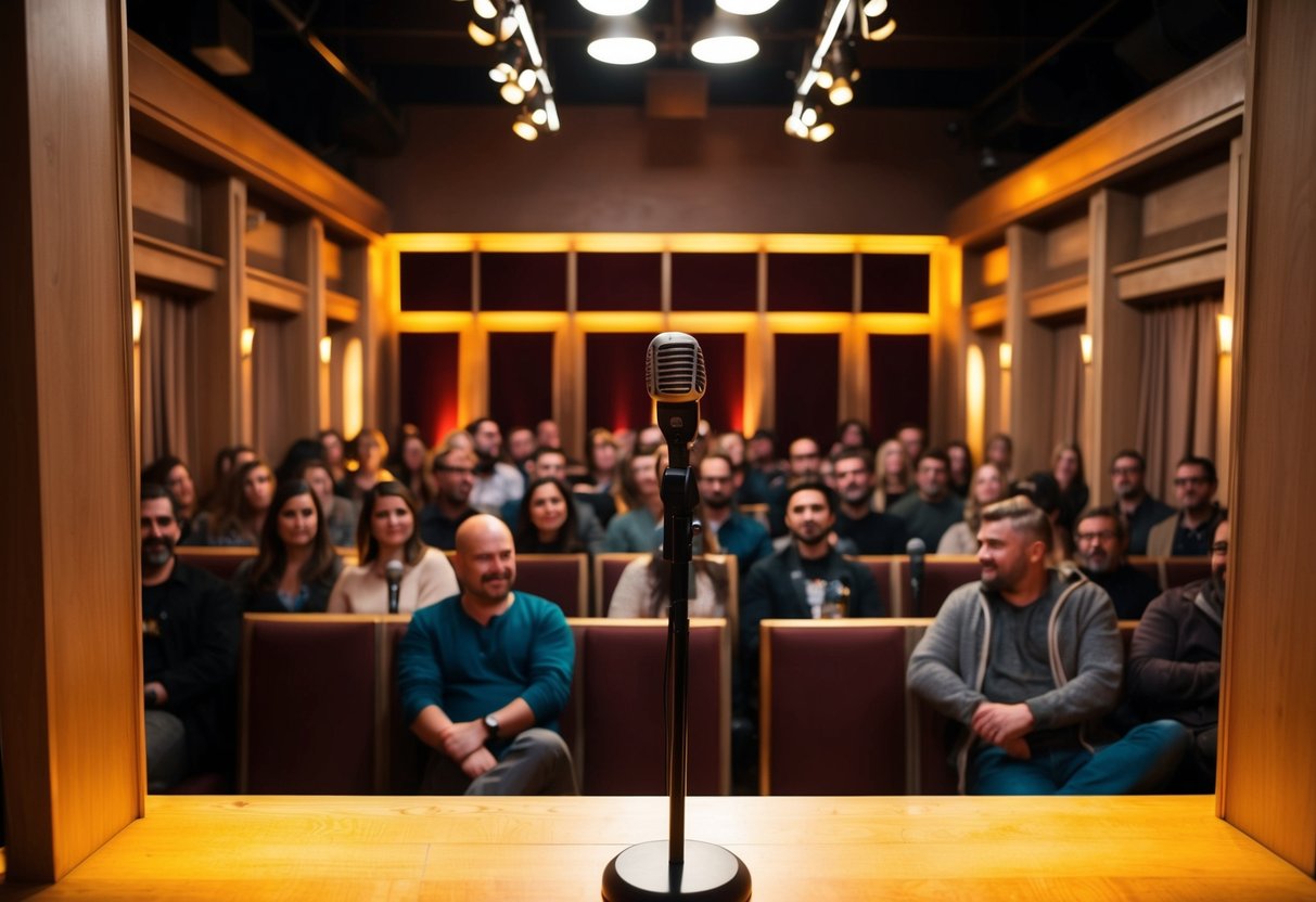 The stage at The Wardrobe is bathed in warm light, with a microphone standing ready for performers. The audience sits in cozy booths, eagerly awaiting the start of the open mic night