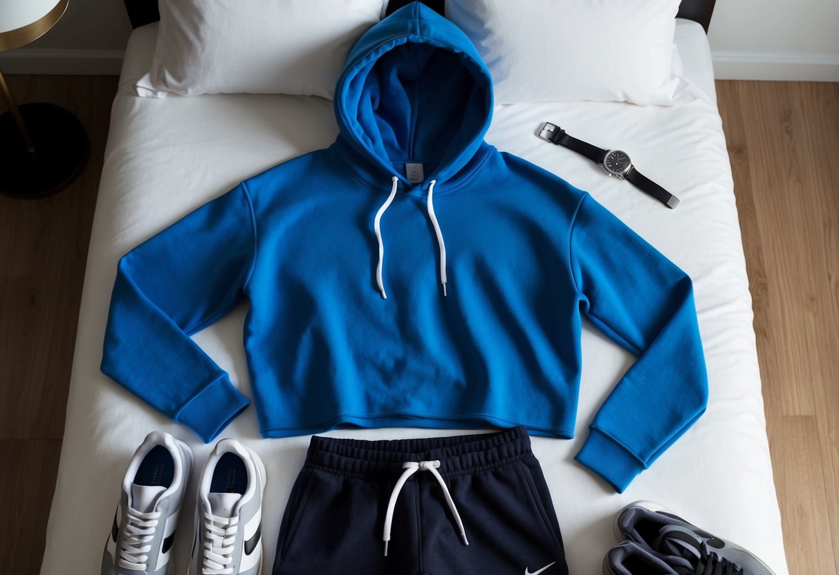 A cropped hoodie and joggers laid out on a bed, surrounded by a pair of sneakers and a watch