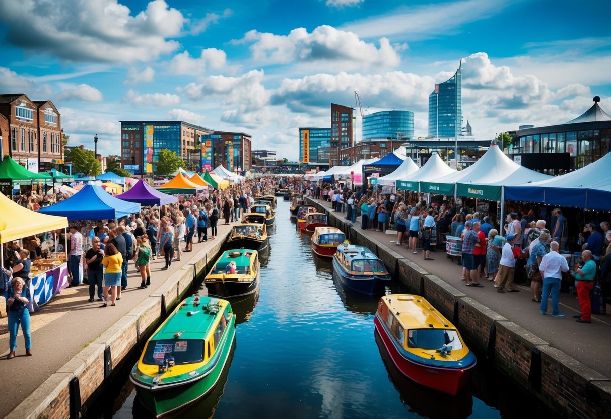 Crowds gather along the canal, enjoying live music, food stalls, and colorful boats at Leeds Waterfront Festival