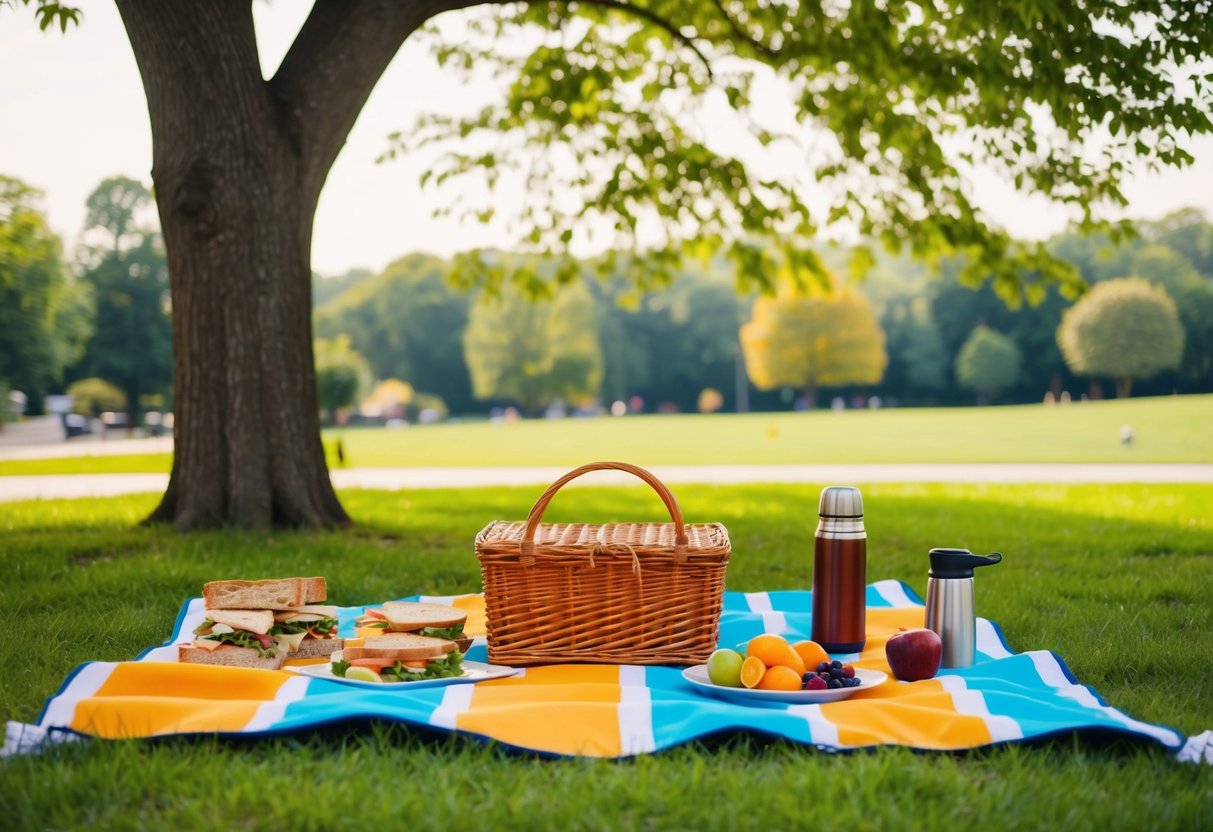 A colorful picnic blanket spread under a leafy tree at Golden Acre Park, with a wicker basket, sandwiches, fruits, and a thermos