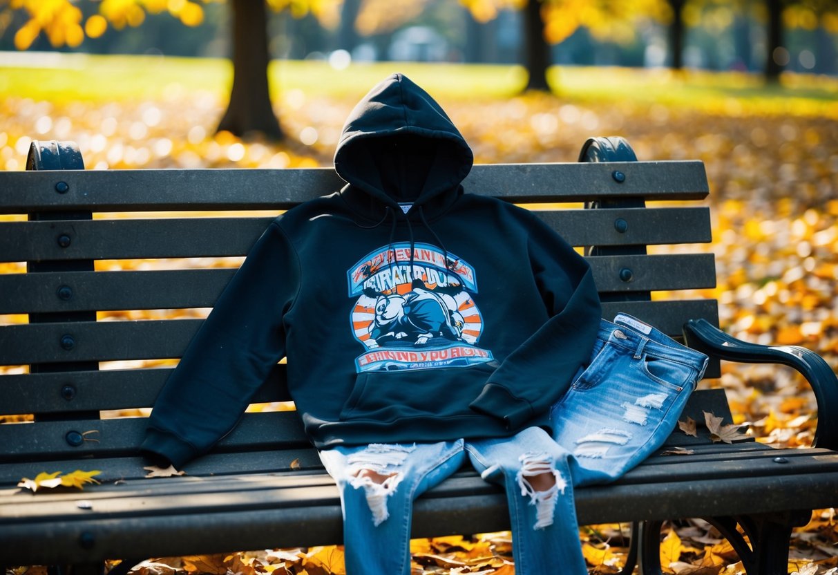 A graphic hoodie and distressed jeans laid out on a wooden bench in a park, surrounded by fallen leaves and a hint of autumn sunlight