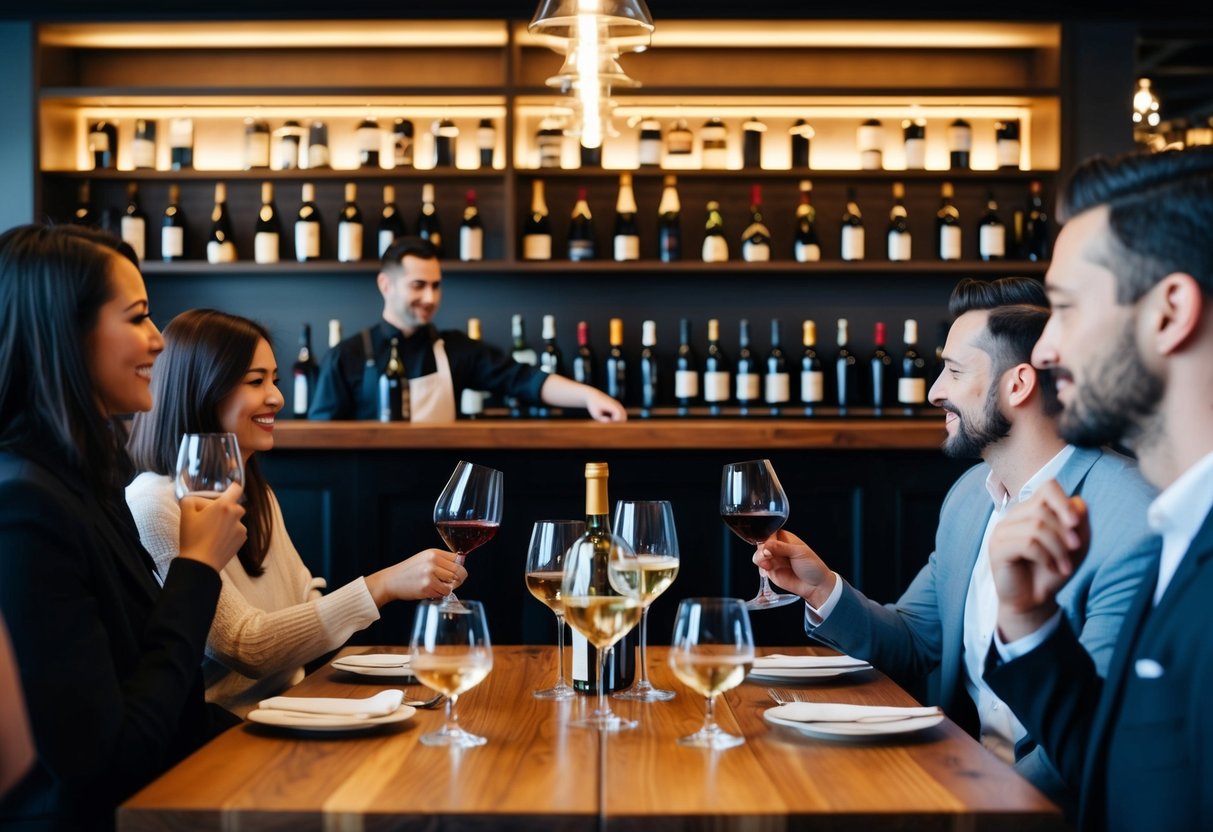 A cozy wine bar with wooden tables, shelves lined with wine bottles, and soft lighting. Customers chat and sip wine while a bartender pours glasses from behind the bar