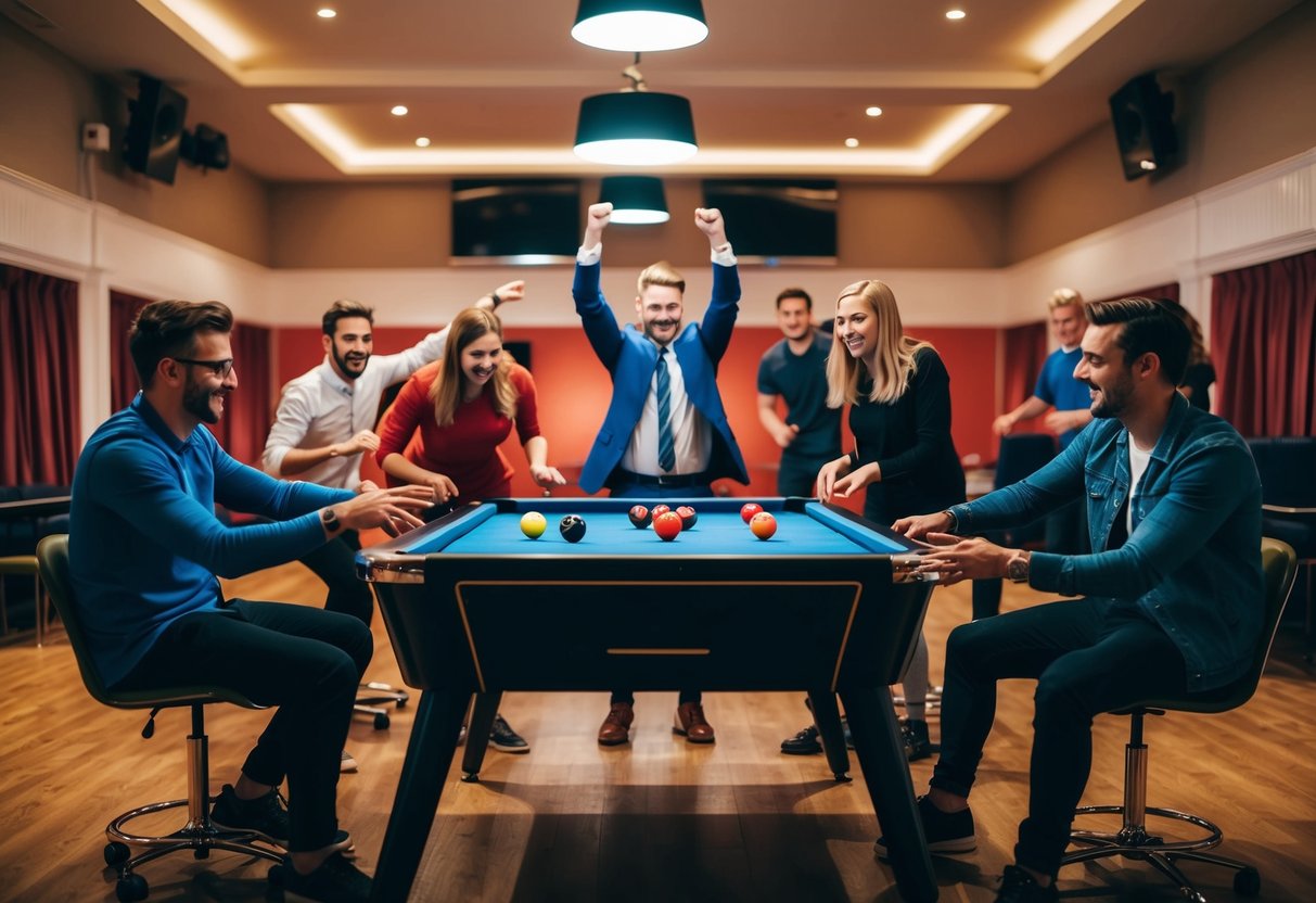 A group of people play various competitive games at Roxy Ball Room in Leeds, with lively energy and excitement filling the air