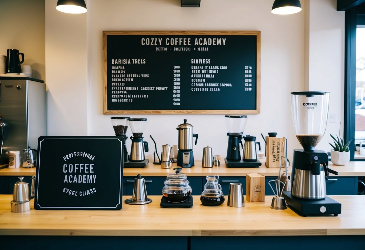 A cozy coffee academy class with barista tools, brewing equipment, and a chalkboard menu