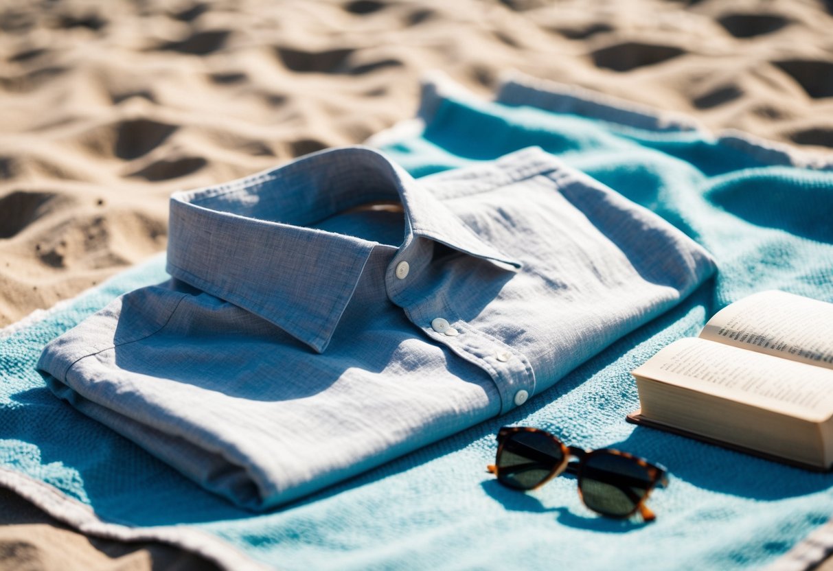 A linen shirt and shorts laid out on a beach towel, with a pair of sunglasses and a book nearby