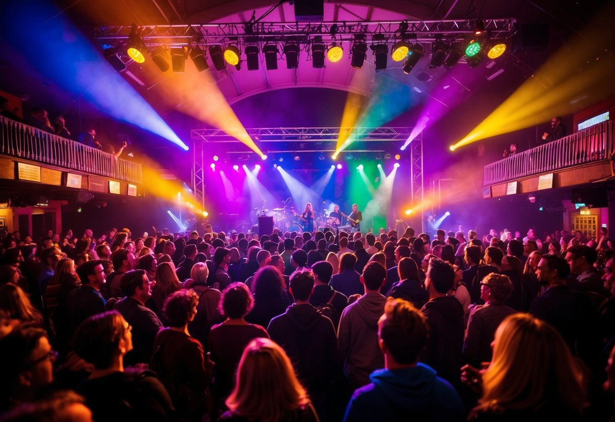 Crowd of people enjoying live music at Belgrave Music Hall in Leeds. Colorful stage lights illuminate the energetic atmosphere