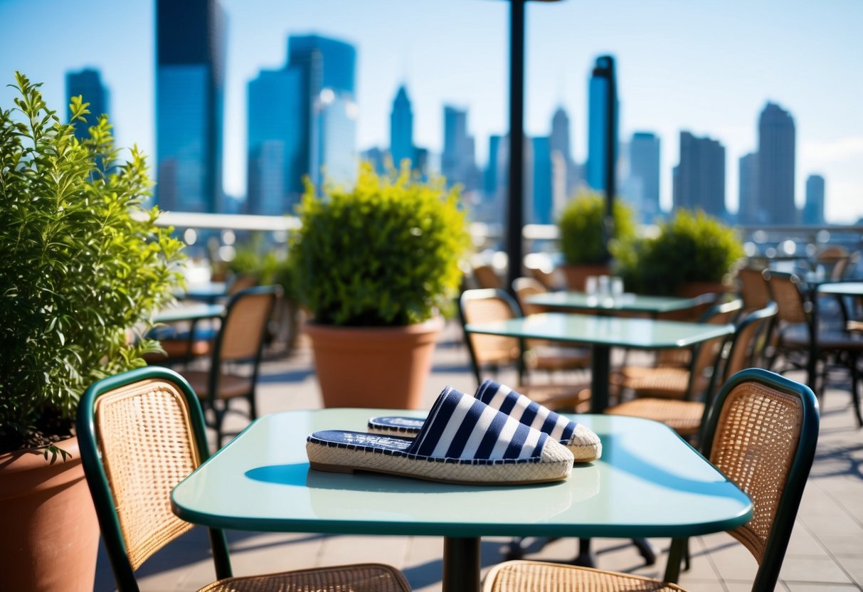 A sunny outdoor cafe with a striped dress and espadrilles on a table, surrounded by potted plants and a view of the city skyline