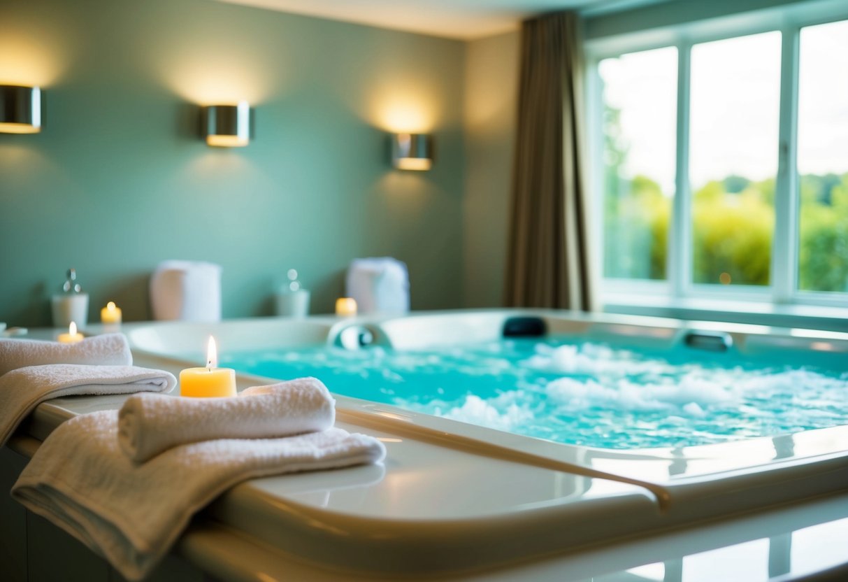 A tranquil spa room with a bubbling hot tub, soft lighting, and plush towels awaits at Thorpe Park Hotel