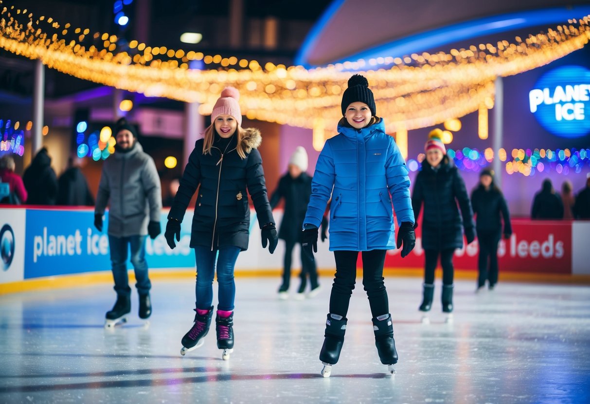 People glide on ice at Planet Ice Leeds, surrounded by colorful lights and a festive atmosphere