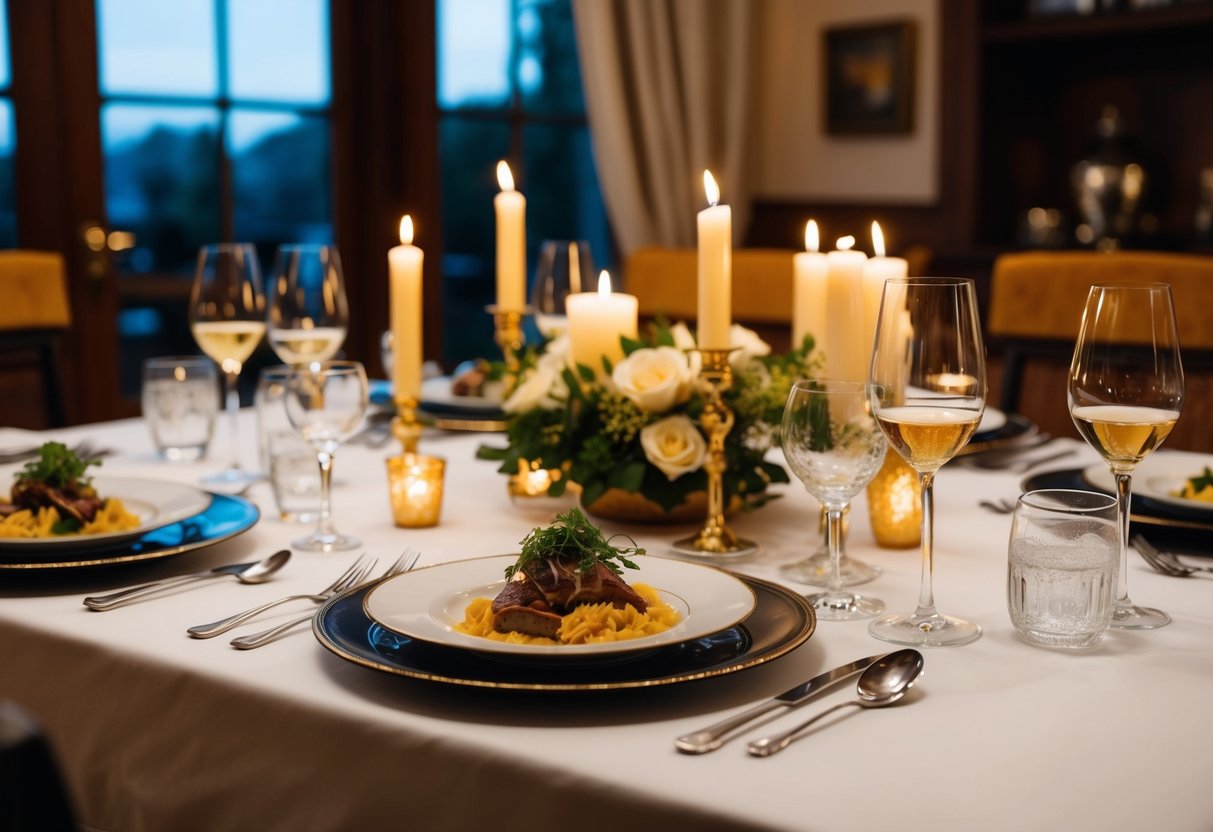 A beautifully set table with elegant place settings, candlelight, and a gourmet meal served on fine china at a cozy home restaurant