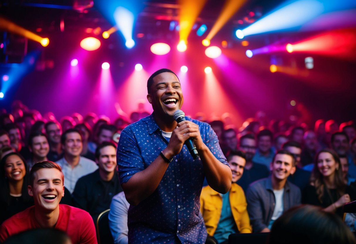 Audience laughing, colorful stage lights, comedian on mic, crowded club